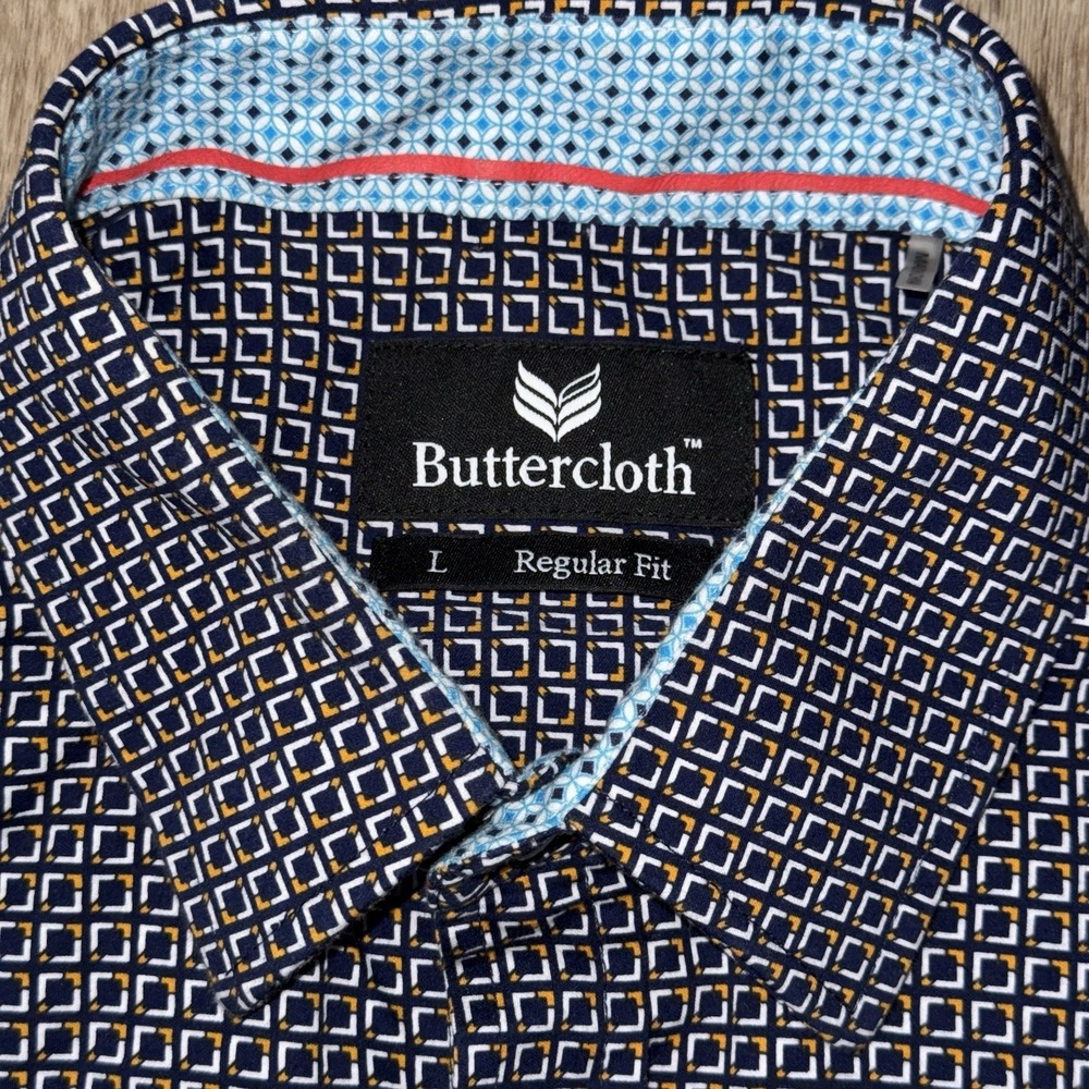 Buttercloth Performance Cotton‎ Long Sleeve Button Up Men's L Blue Geometric